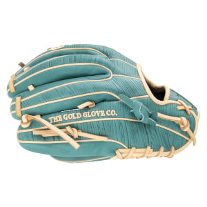 Side view of a teal baseball glove with tan lacing and "THE GOLD GLOVE CO." embroidered on the palm.