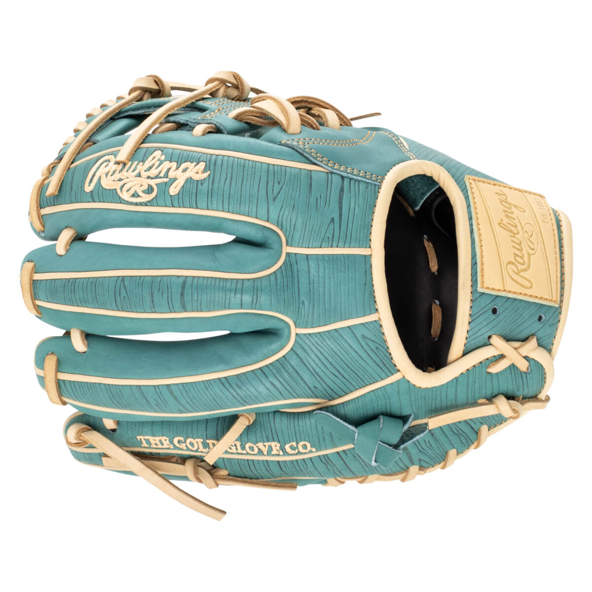 Top-down view of a teal baseball glove with tan lacing and "Rawlings" embroidered on the palm.