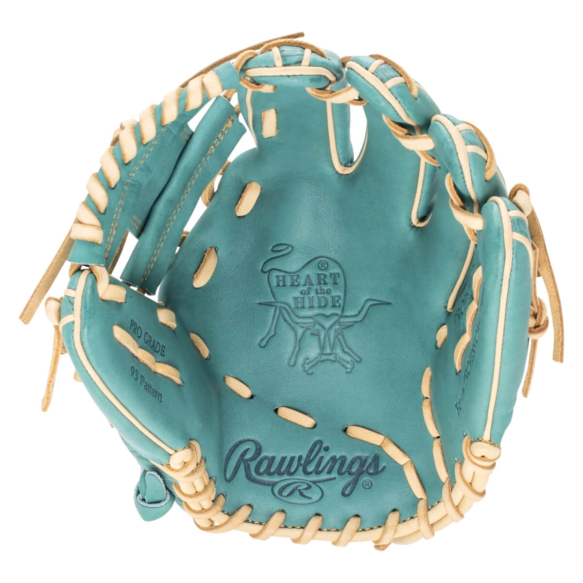 Top-down view of a teal Rawlings baseball glove with "PRO GRADE 93 Pattern" and "HEART of the HIDE" embossed.