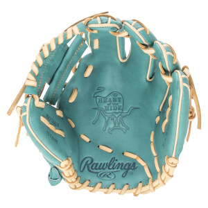 Top-down view of a teal Rawlings baseball glove with "PRO GRADE 93 Pattern" and "HEART of the HIDE" embossed.