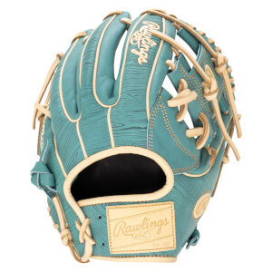 Front view of a teal baseball glove with tan lacing and a Rawlings Est. 1887 logo.