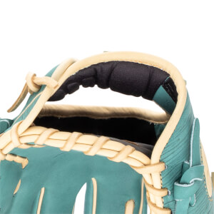 Close-up of a teal baseball glove's interior, showing padded black lining and tan lacing.