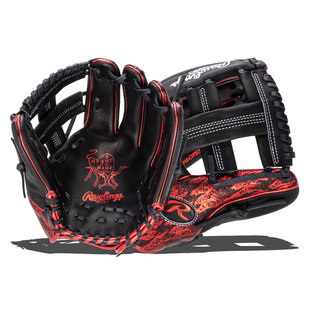 Front view of a black Rawlings baseball glove with red trim, a red "Heart of the Hide" logo, and a red flame pattern on the palm.