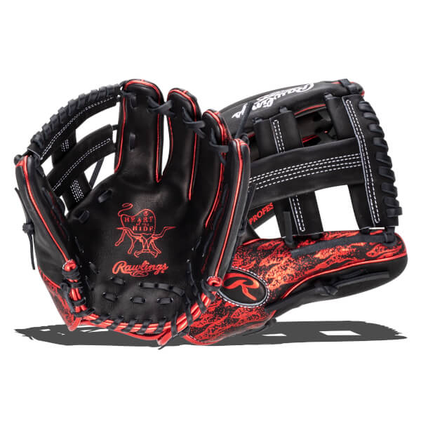 Front view of a black Rawlings baseball glove with red trim, a red "Heart of the Hide" logo, and a red flame pattern on the palm.
