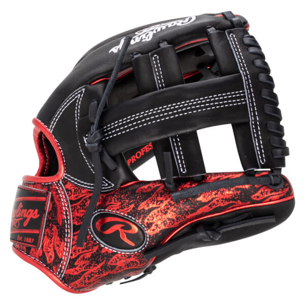 Side view of a black Rawlings baseball glove with red flame pattern, white stitching, and "Est. 1887" text.