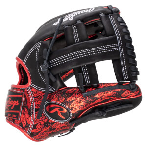 Side view of a black Rawlings baseball glove with red flame pattern, white stitching, and "Est. 1887" text.
