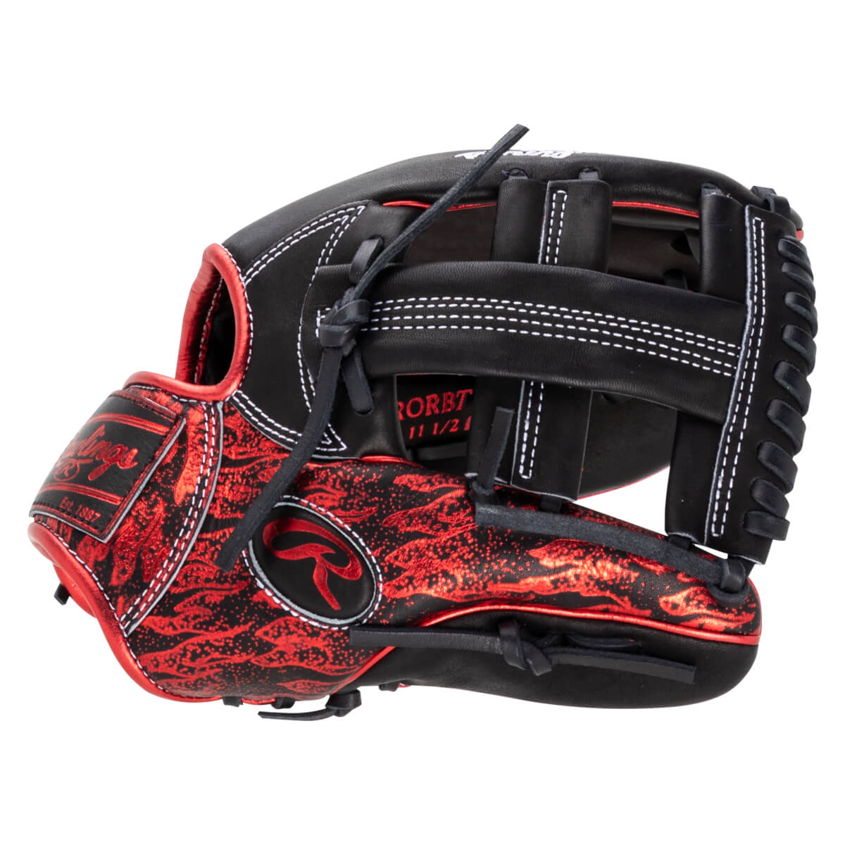 Side view of a black and red baseball glove with a flame pattern and white stitching.