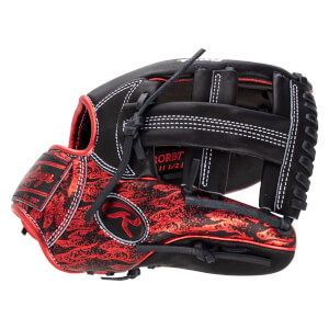 Side view of a black and red baseball glove with a flame pattern and white stitching.