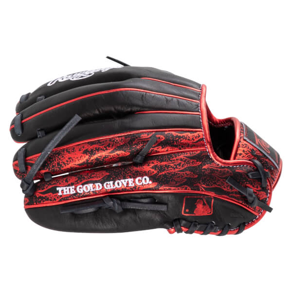 Side view of a black baseball glove with red flame accents and "THE GOLD GLOVE CO." text.