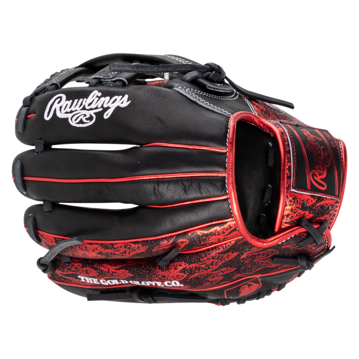 Top-down view of a black Rawlings baseball glove with red accents and a red tiger stripe pattern.
