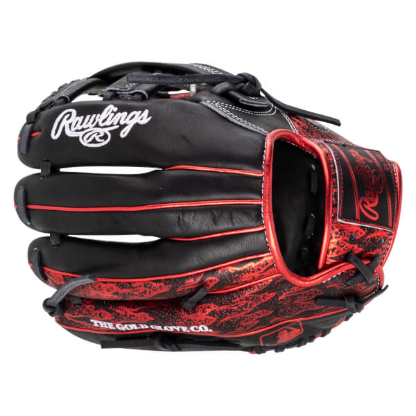 Top-down view of a black Rawlings baseball glove with red accents and a red tiger stripe pattern.