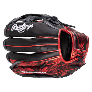 Top-down view of a black Rawlings baseball glove with red accents and a red tiger stripe pattern.