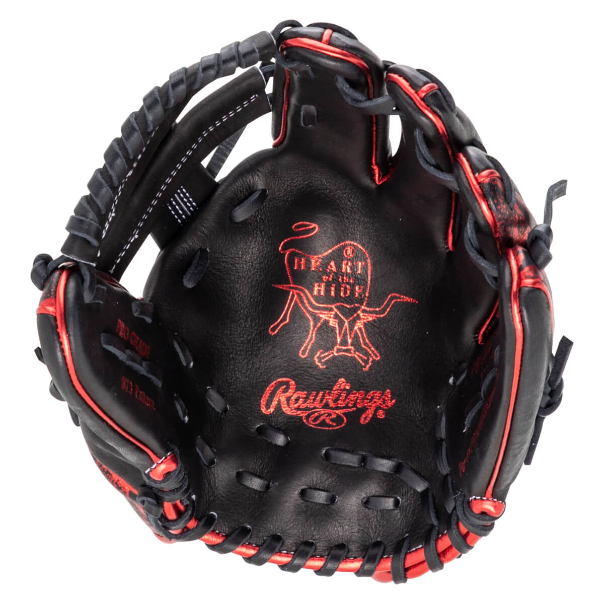 Top-down view of a black Rawlings baseball glove with red accents and "Heart of the Hide" logo.