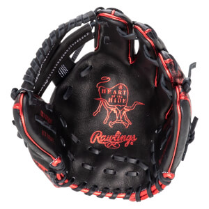 Top-down view of a black Rawlings baseball glove with red accents and "Heart of the Hide" logo.