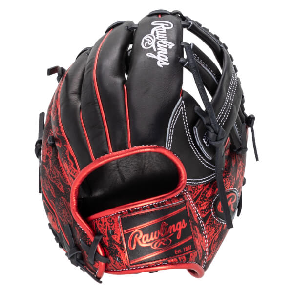Top-down view of a black and red Rawlings baseball glove with a flame-like pattern and white stitching.