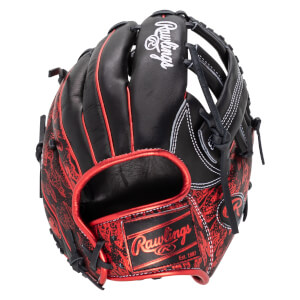 Top-down view of a black and red Rawlings baseball glove with a flame-like pattern and white stitching.