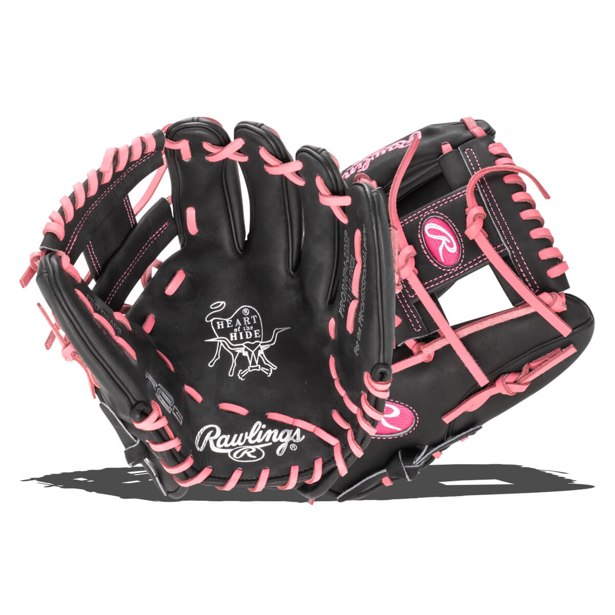 Front view of a black Rawlings baseball glove with pink lacing and the "Heart of the Hide" logo.