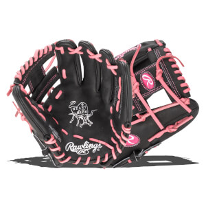 Front view of a black Rawlings baseball glove with pink lacing and the "Heart of the Hide" logo.