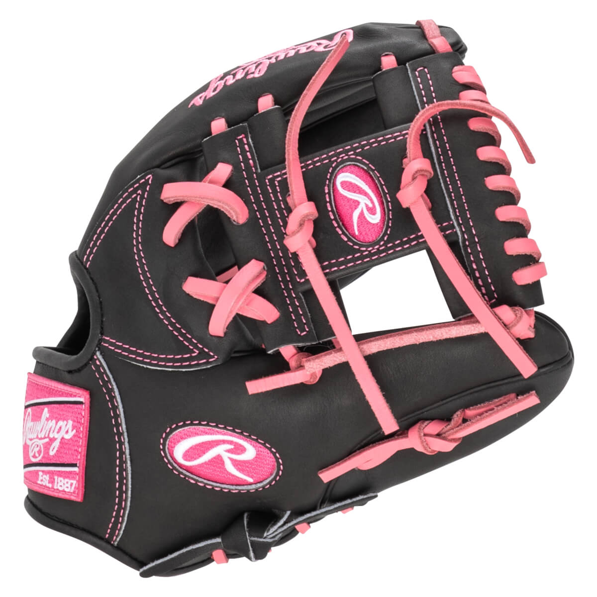 Front view of a black Rawlings baseball glove with pink stitching and laces, featuring the Rawlings logo.