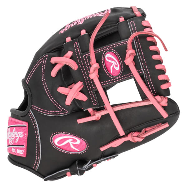 Front view of a black Rawlings baseball glove with pink stitching and laces, featuring the Rawlings logo.