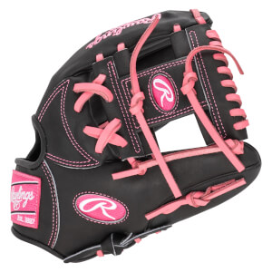Front view of a black Rawlings baseball glove with pink stitching and laces, featuring the Rawlings logo.
