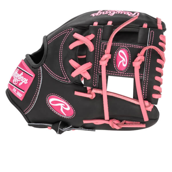 Side view of a black Rawlings baseball glove with pink stitching and laces, featuring the Rawlings logo.
