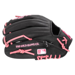 Side view of a black baseball glove with pink lacing, featuring "THE GOLD GLOVE CO." text and an MLB logo.