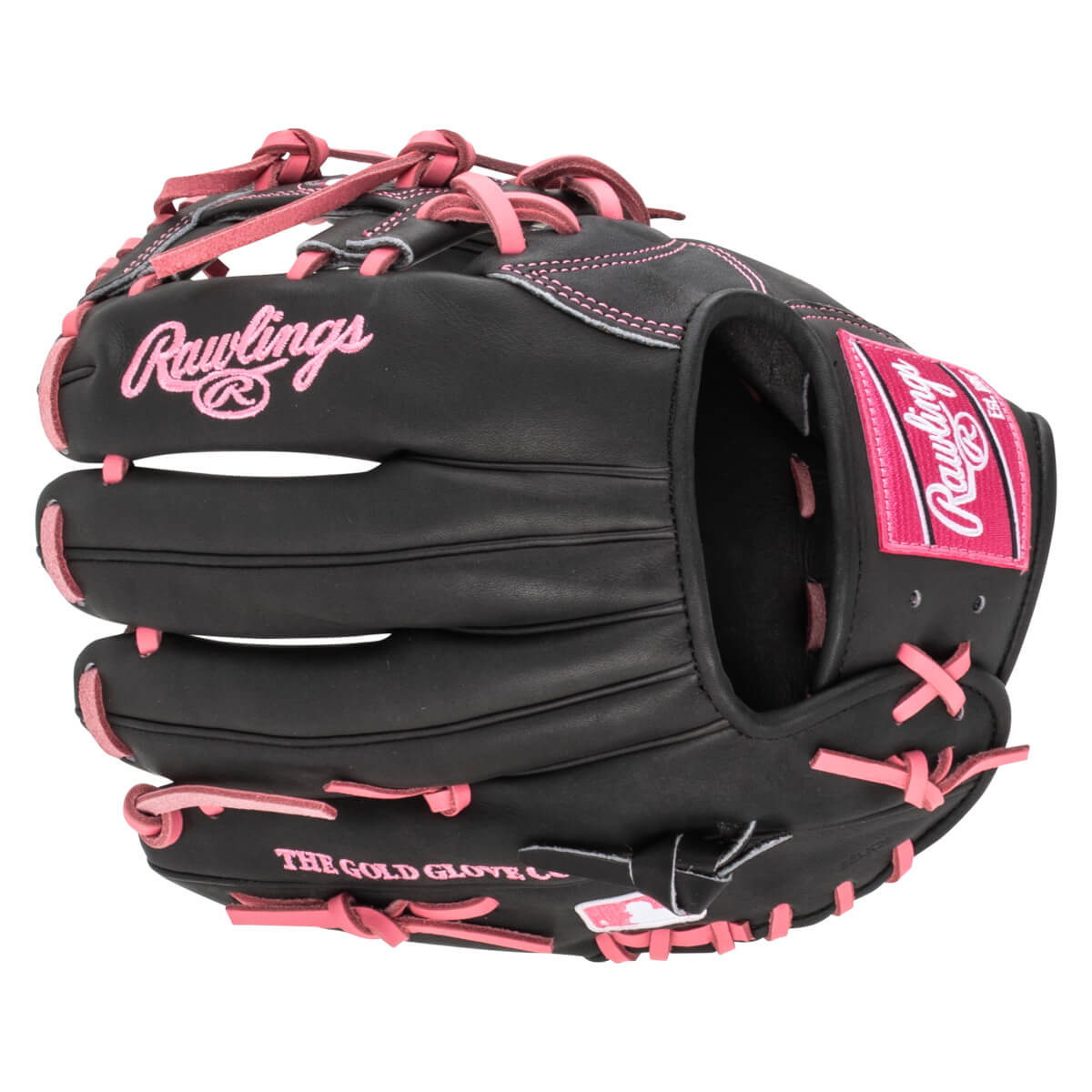 Front view of a black Rawlings baseball glove with pink lacing and stitching, featuring "Rawlings" logo and "The Gold Glove Co." text.