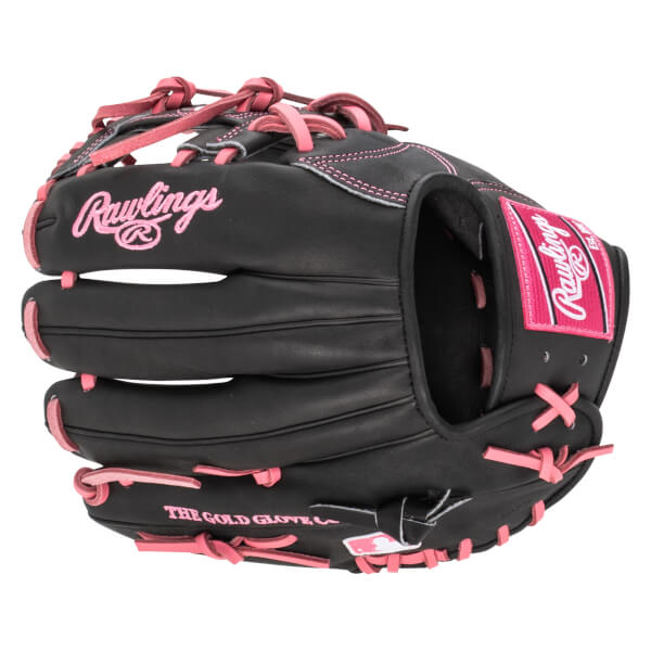 Front view of a black Rawlings baseball glove with pink lacing and stitching, featuring "Rawlings" logo and "The Gold Glove Co." text.