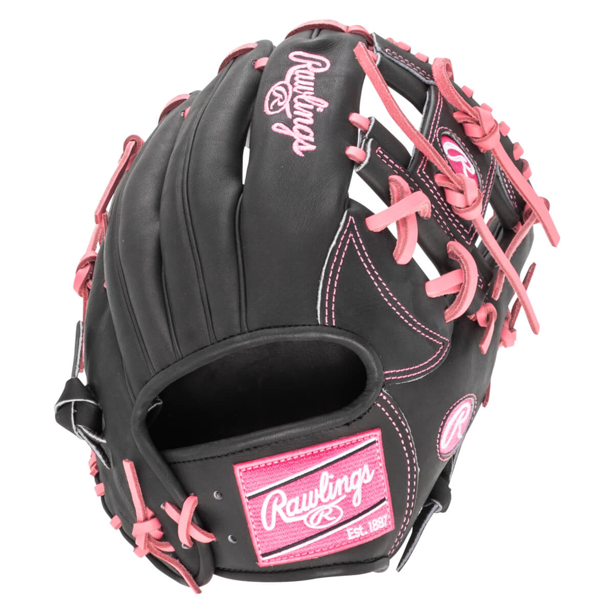 Front view of a black Rawlings baseball glove with pink stitching and laces, featuring the Rawlings logo.