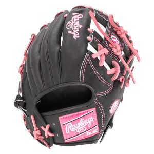 Front view of a black Rawlings baseball glove with pink stitching and laces, featuring the Rawlings logo.