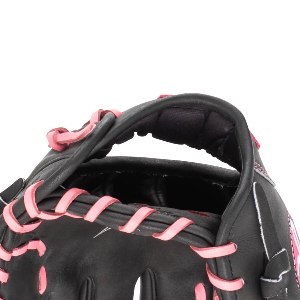Close-up of a black baseball glove with bright pink lacing and a padded wrist strap.