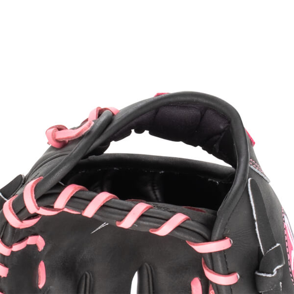 Close-up of a black baseball glove with bright pink lacing and a padded wrist strap.