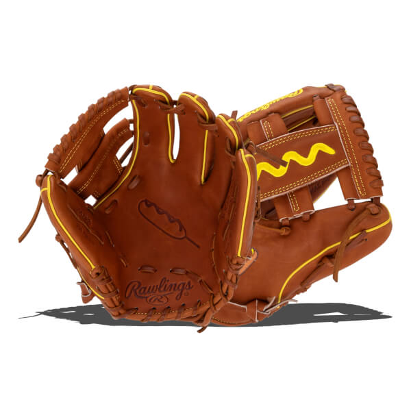 Front view of the brown leather glove featuring a stamped corn dog in the palm, yellow mustard-style webbing, and the Rawlings logo.