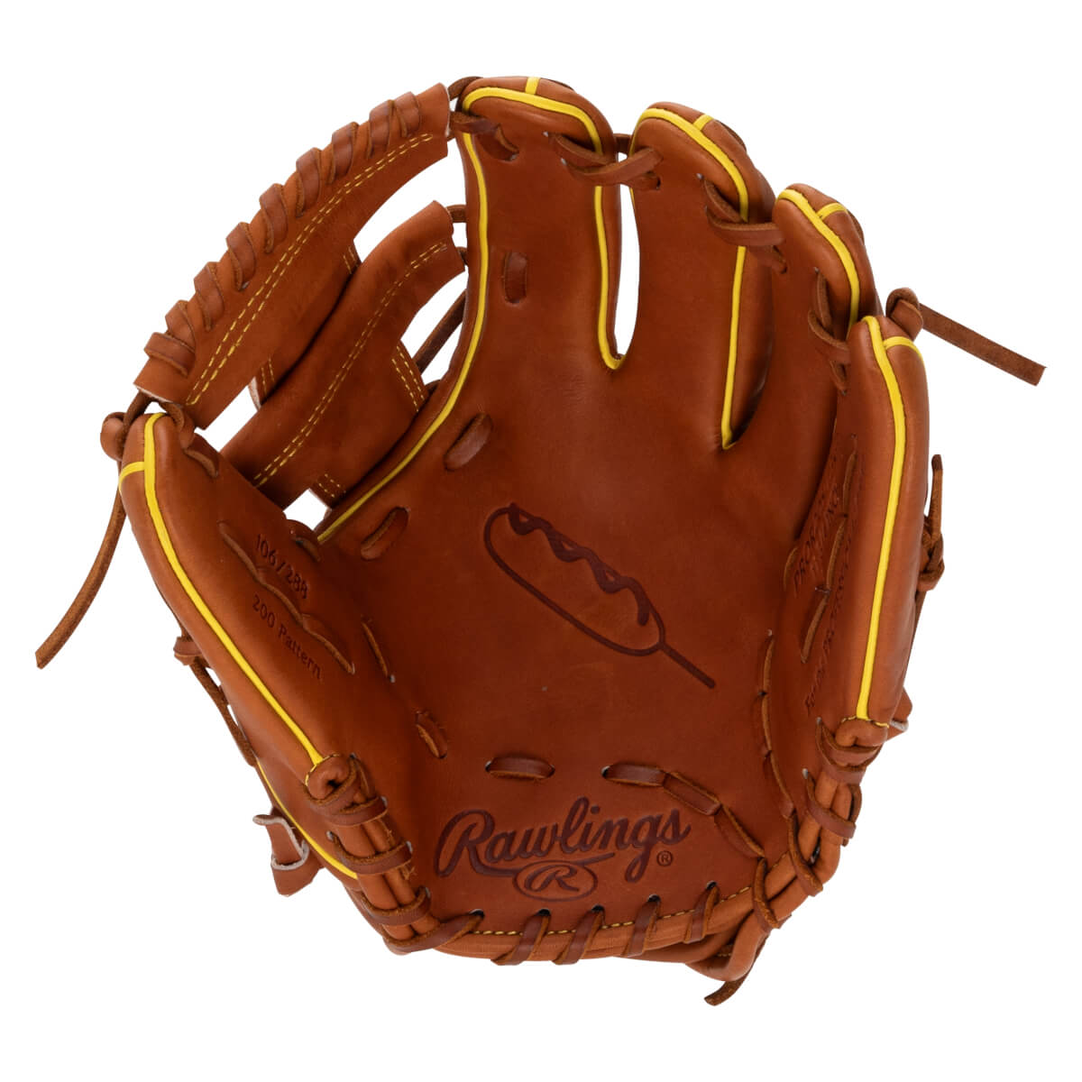 Front view of a brown leather Rawlings glove with yellow piping, featuring a corn dog graphic in the palm and the Rawlings logo embossed at the heel.