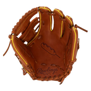Front view of a brown leather Rawlings glove with yellow piping, featuring a corn dog graphic in the palm and the Rawlings logo embossed at the heel.