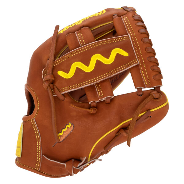 Front view of a brown leather Rawlings glove with yellow piping, a large yellow mustard squiggle on the web, and an embroidered corn dog logo on the lower palm.