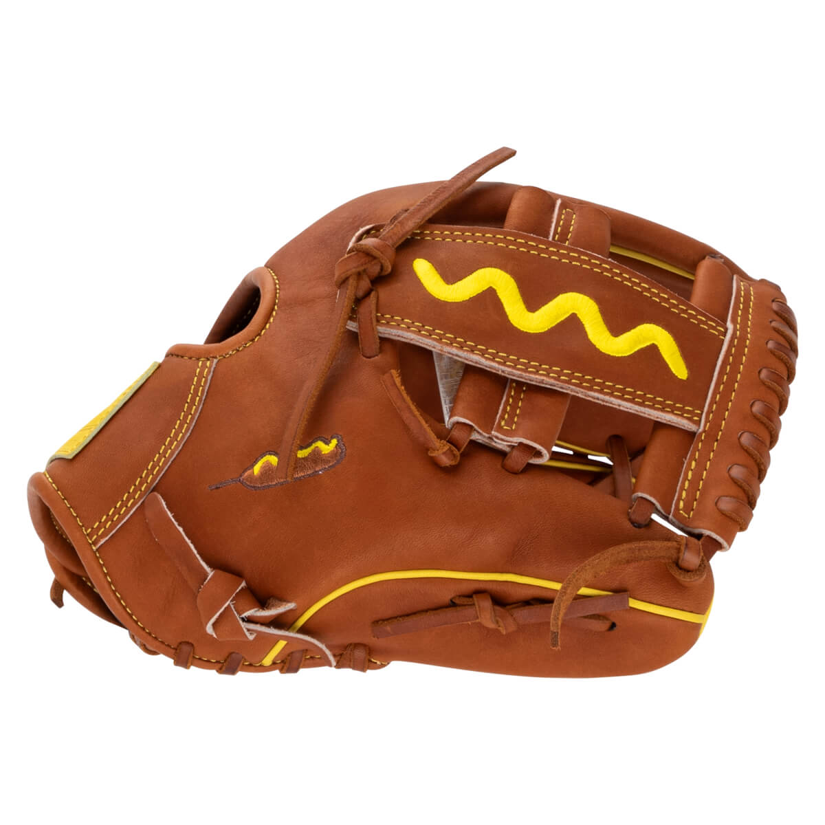 Side view of the brown leather baseball glove featuring a yellow mustard squiggle on the web and a small embroidered hot dog on the side.