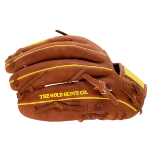 Side view of a brown leather baseball glove featuring yellow piping and the words "THE GOLD GLOVE CO." embroidered in yellow next to an embossed MLB logo.