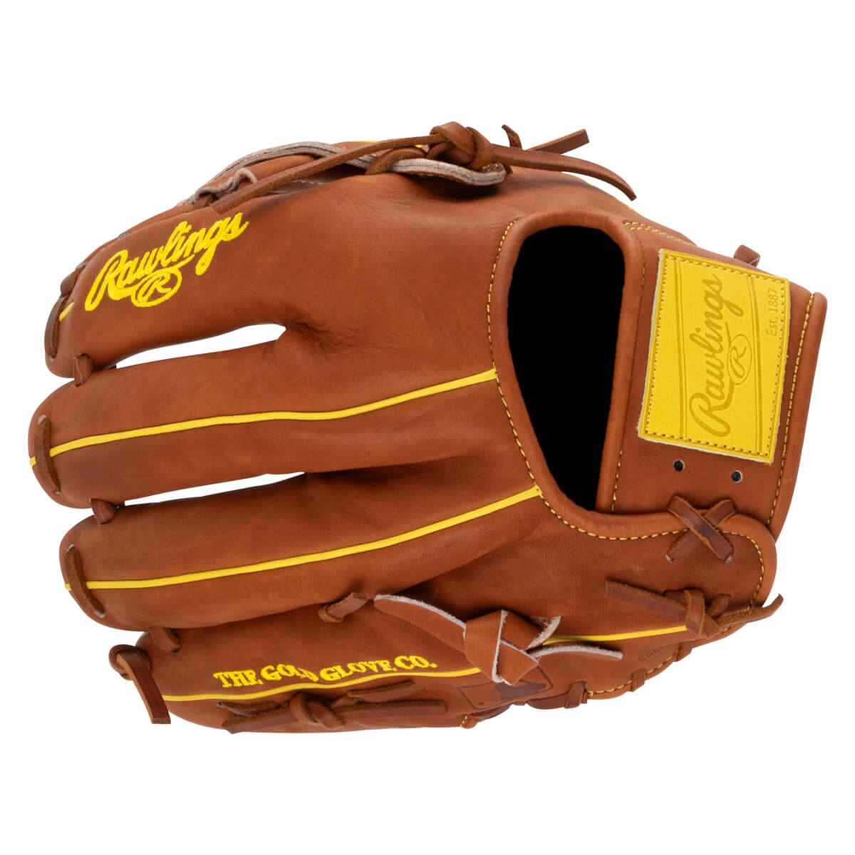 Back view of a brown baseball glove with yellow trim, featuring yellow "Rawlings" script on the finger, a yellow wrist patch, and "THE GOLD GLOVE CO." text on the pinky.