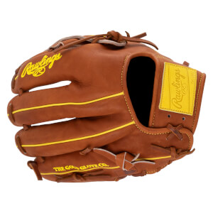 Back view of a brown baseball glove with yellow trim, featuring yellow "Rawlings" script on the finger, a yellow wrist patch, and "THE GOLD GLOVE CO." text on the pinky.