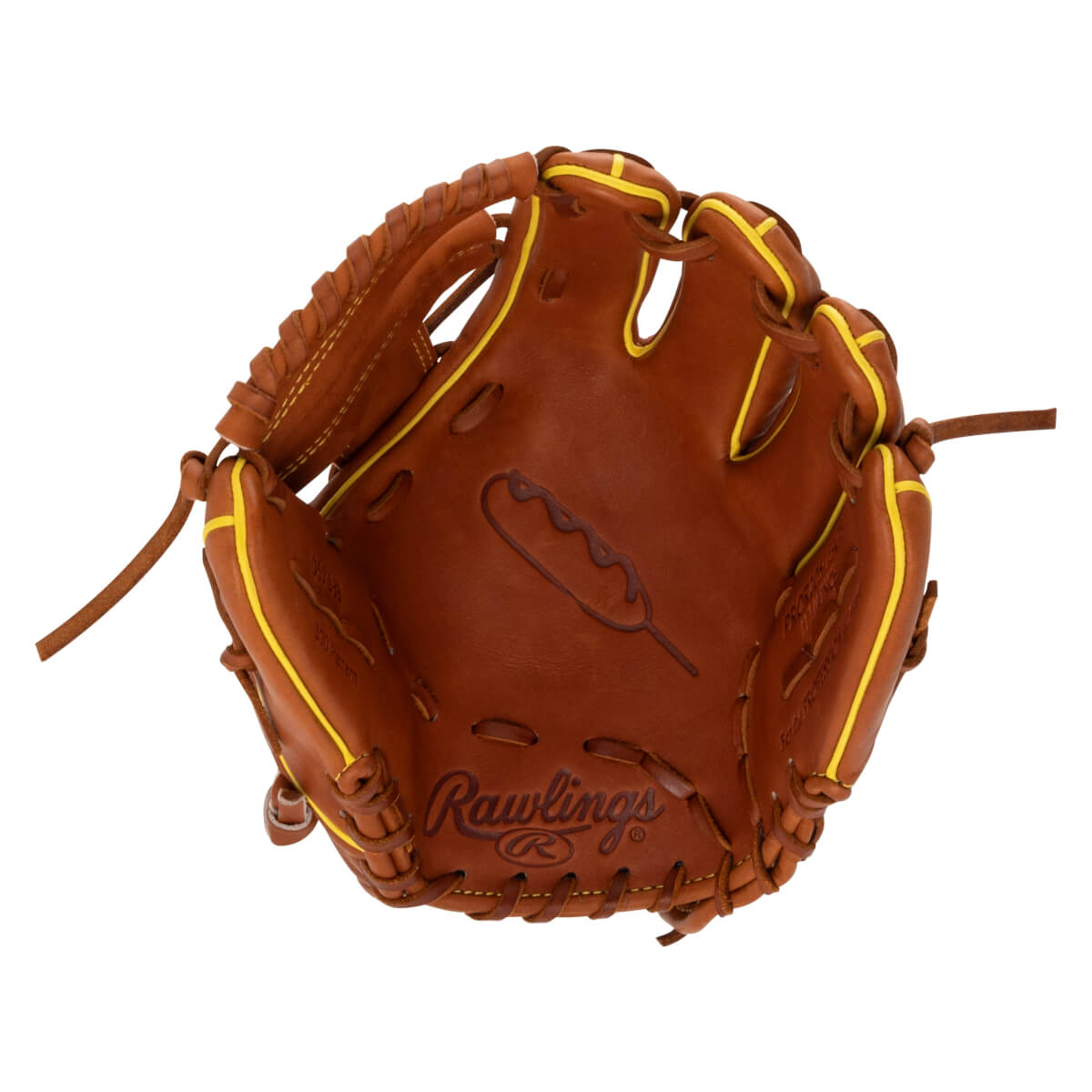 Front view of the brown leather palm showing yellow piping, a corn dog graphic stamped in the center, and the Rawlings logo at the bottom.