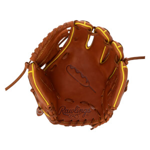 Front view of the brown leather palm showing yellow piping, a corn dog graphic stamped in the center, and the Rawlings logo at the bottom.