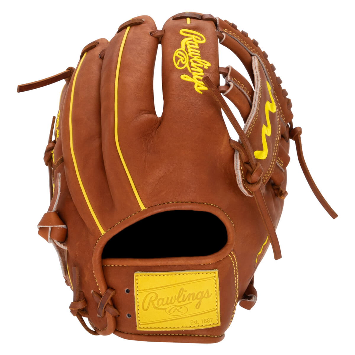 Back view of a brown baseball glove with yellow piping, featuring a yellow Rawlings script logo on the finger and a yellow Rawlings patch on the wrist strap.
