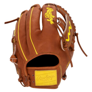 Back view of a brown baseball glove with yellow piping, featuring a yellow Rawlings script logo on the finger and a yellow Rawlings patch on the wrist strap.