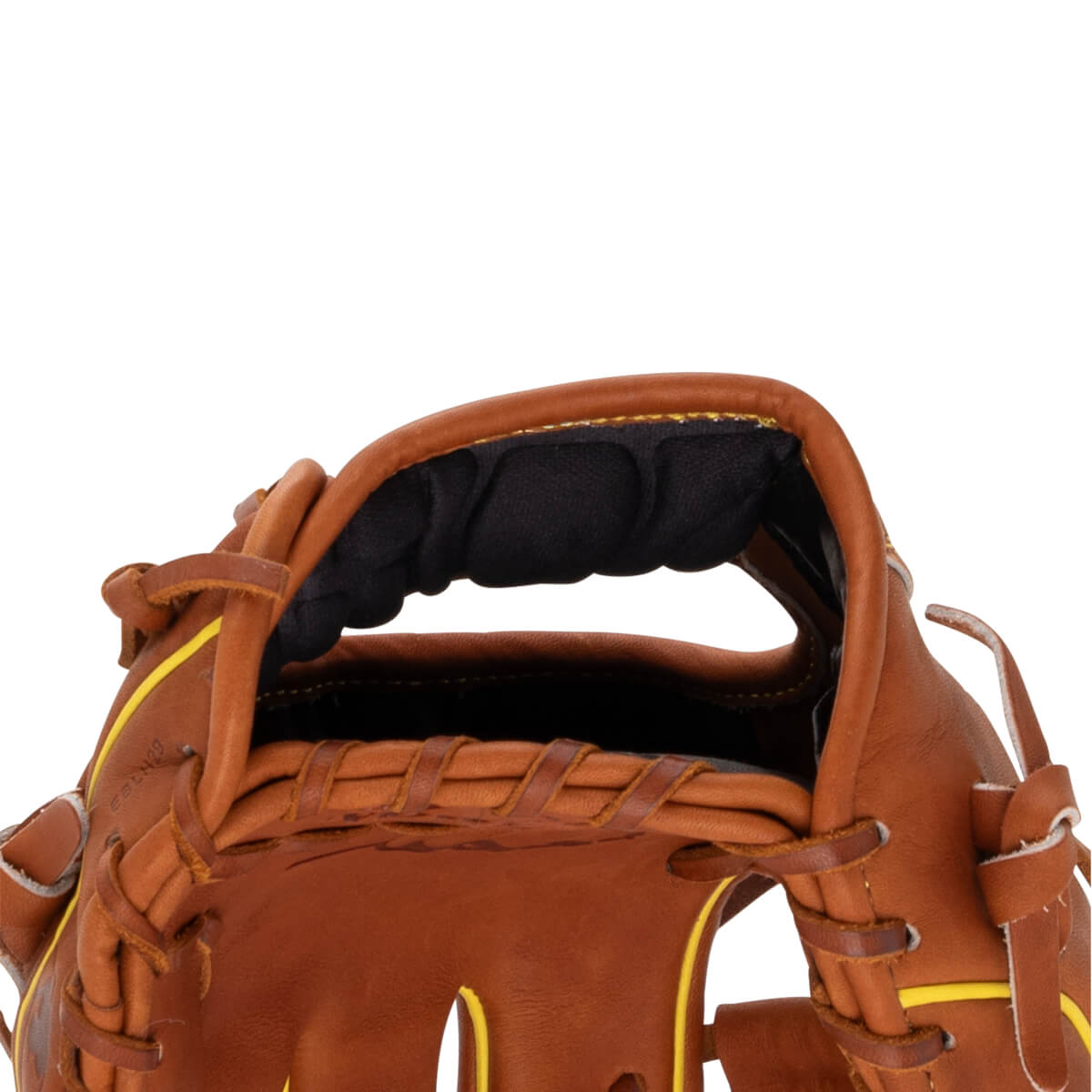 Close-up of the wrist opening shows the brown leather with yellow accents, a black padded wrist strap, and the text EBLH29 stamped on the side.