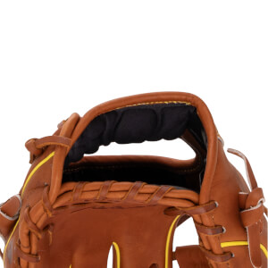Close-up of the wrist opening shows the brown leather with yellow accents, a black padded wrist strap, and the text EBLH29 stamped on the side.