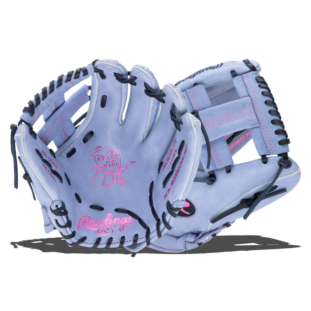 Top-down view of a lavender Rawlings baseball glove with pink stitching and the "Heart of the Hide" logo.