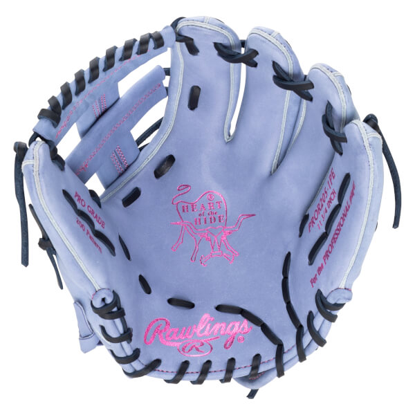 Top-down view of a light purple Rawlings baseball glove with pink stitching, "Heart of the Hide" logo, and "PRO205-1PB" text.
