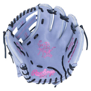 Top-down view of a light purple Rawlings baseball glove with pink stitching, "Heart of the Hide" logo, and "PRO205-1PB" text.